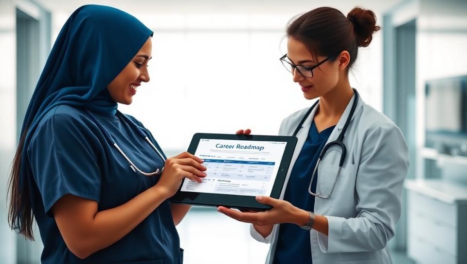 A nurse and clinician reviewing a career roadmap on a tablet
