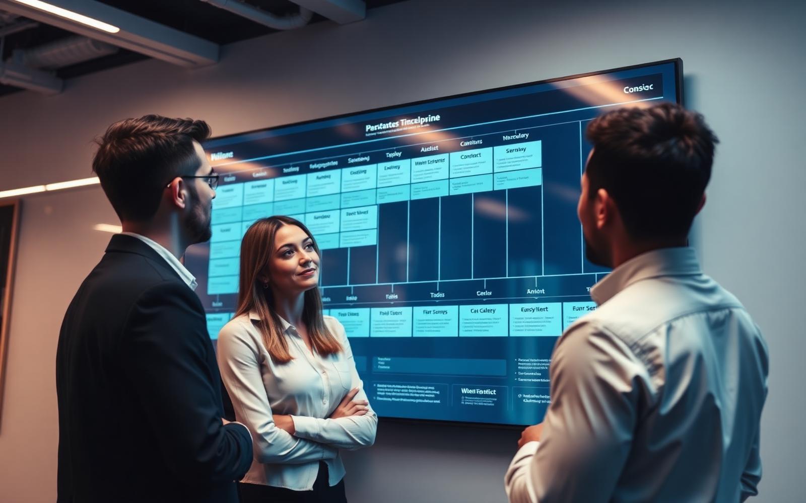 A talent acquisition team reviewing a workforce pipeline on a large wall display