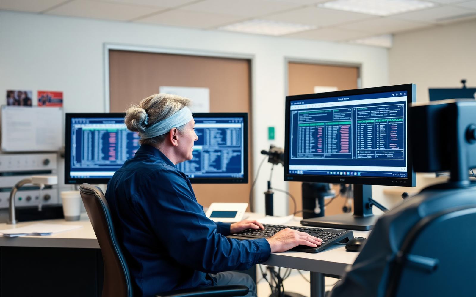 A hospital clinical research coordinator reviewing patient enrollment data on dual monitors