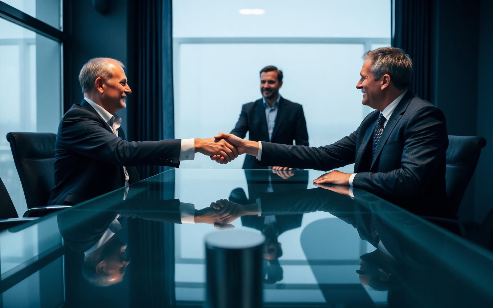 Two senior executives shaking hands across a modern glass conference room table