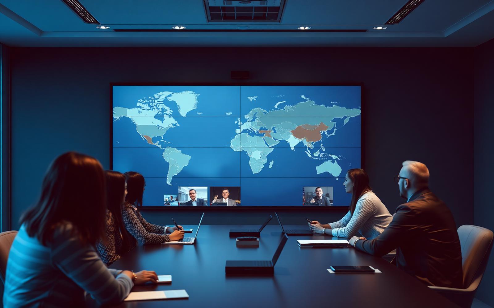 A globally distributed team collaborating via a large wall video conference screen