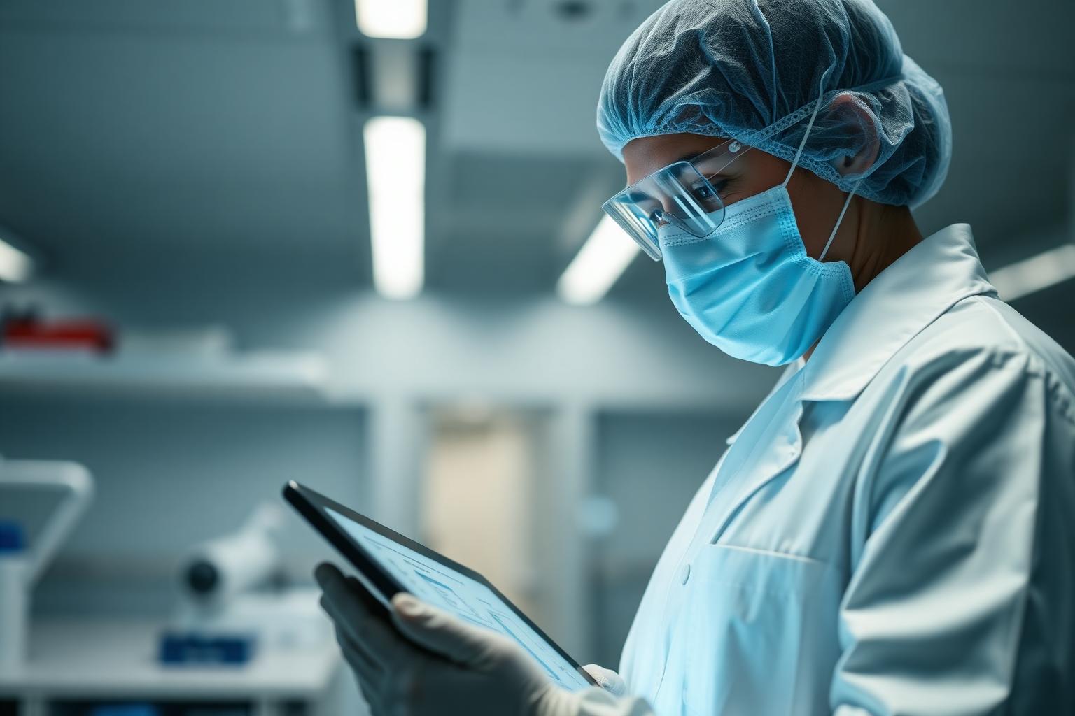 Scientist reviewing protocol on a tablet in a clinical research lab